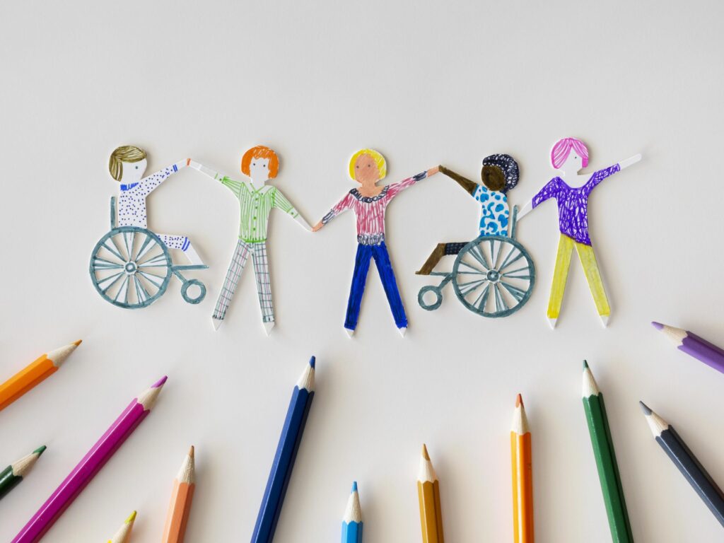 Drawing of vulnerable groups in society being helped