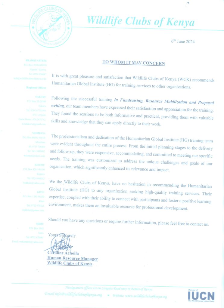 Wildlife Clubs of Kenya Recommendation Letter